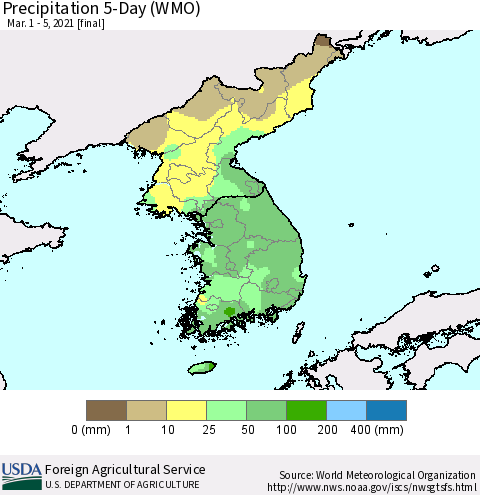 Korea Precipitation 5-Day (WMO) Thematic Map For 3/1/2021 - 3/5/2021