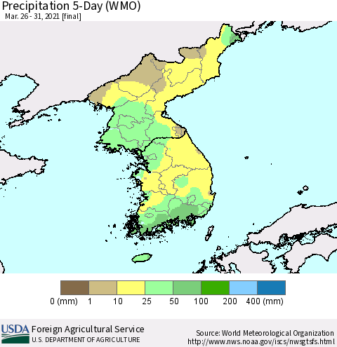 Korea Precipitation 5-Day (WMO) Thematic Map For 3/26/2021 - 3/31/2021