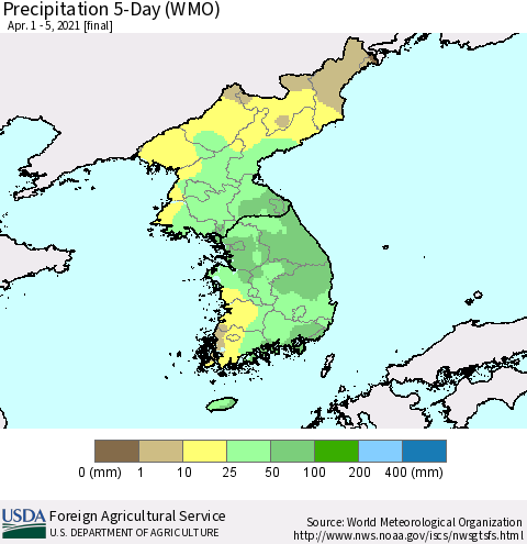 Korea Precipitation 5-Day (WMO) Thematic Map For 4/1/2021 - 4/5/2021