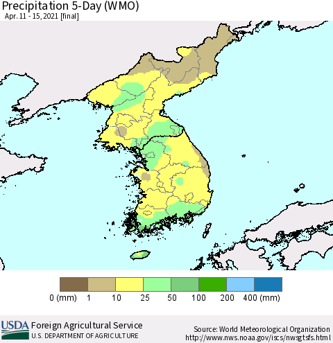 Korea Precipitation 5-Day (WMO) Thematic Map For 4/11/2021 - 4/15/2021