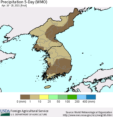 Korea Precipitation 5-Day (WMO) Thematic Map For 4/16/2021 - 4/20/2021