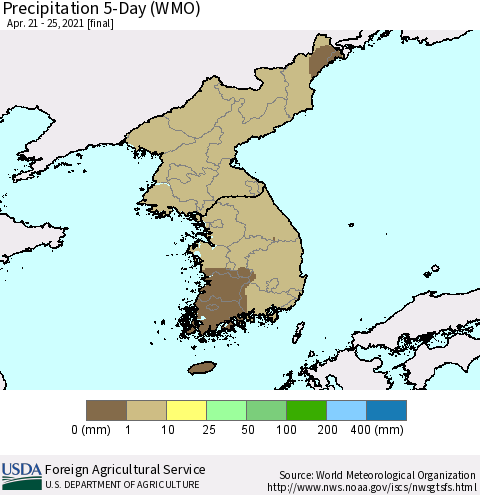 Korea Precipitation 5-Day (WMO) Thematic Map For 4/21/2021 - 4/25/2021