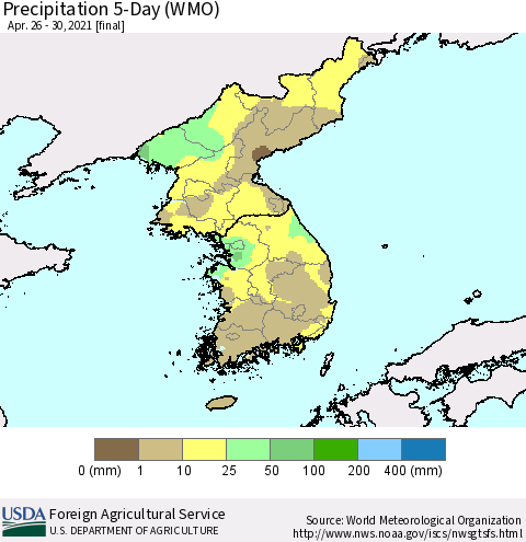 Korea Precipitation 5-Day (WMO) Thematic Map For 4/26/2021 - 4/30/2021