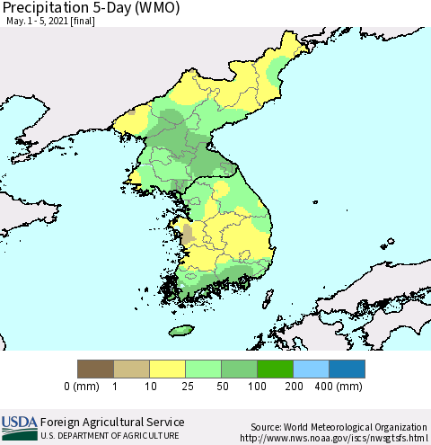 Korea Precipitation 5-Day (WMO) Thematic Map For 5/1/2021 - 5/5/2021