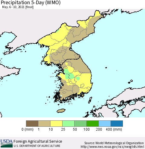 Korea Precipitation 5-Day (WMO) Thematic Map For 5/6/2021 - 5/10/2021