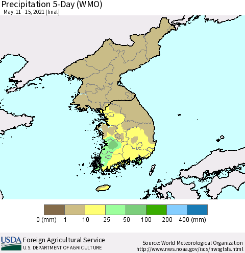 Korea Precipitation 5-Day (WMO) Thematic Map For 5/11/2021 - 5/15/2021