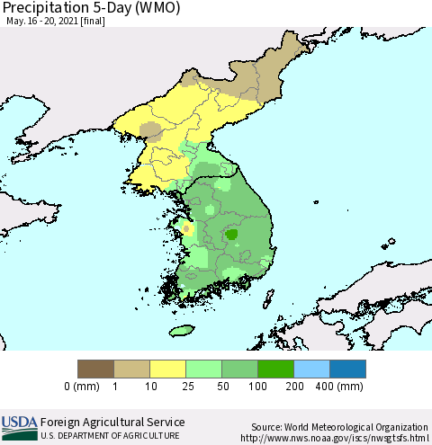 Korea Precipitation 5-Day (WMO) Thematic Map For 5/16/2021 - 5/20/2021