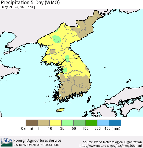 Korea Precipitation 5-Day (WMO) Thematic Map For 5/21/2021 - 5/25/2021