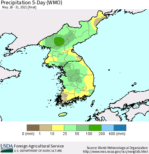 Korea Precipitation 5-Day (WMO) Thematic Map For 5/26/2021 - 5/31/2021