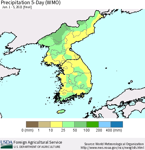 Korea Precipitation 5-Day (WMO) Thematic Map For 6/1/2021 - 6/5/2021