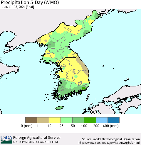 Korea Precipitation 5-Day (WMO) Thematic Map For 6/11/2021 - 6/15/2021