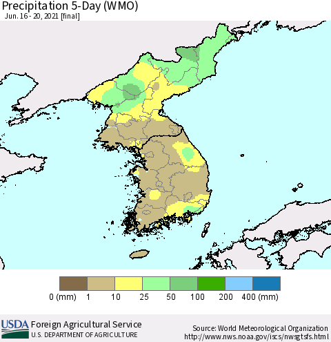 Korea Precipitation 5-Day (WMO) Thematic Map For 6/16/2021 - 6/20/2021