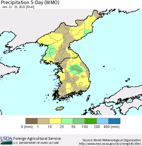 Korea Precipitation 5-Day (WMO) Thematic Map For 6/21/2021 - 6/25/2021