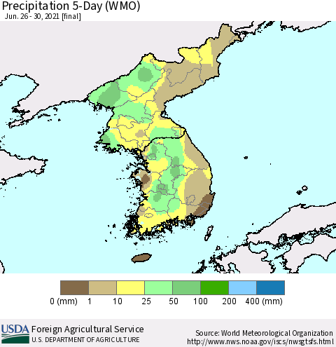 Korea Precipitation 5-Day (WMO) Thematic Map For 6/26/2021 - 6/30/2021