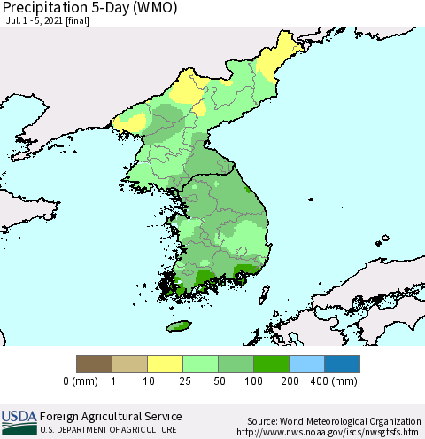 Korea Precipitation 5-Day (WMO) Thematic Map For 7/1/2021 - 7/5/2021