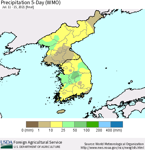 Korea Precipitation 5-Day (WMO) Thematic Map For 7/11/2021 - 7/15/2021