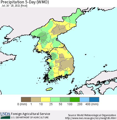 Korea Precipitation 5-Day (WMO) Thematic Map For 7/16/2021 - 7/20/2021