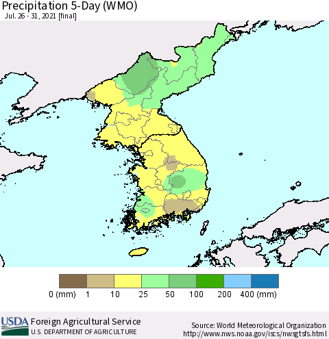 Korea Precipitation 5-Day (WMO) Thematic Map For 7/26/2021 - 7/31/2021