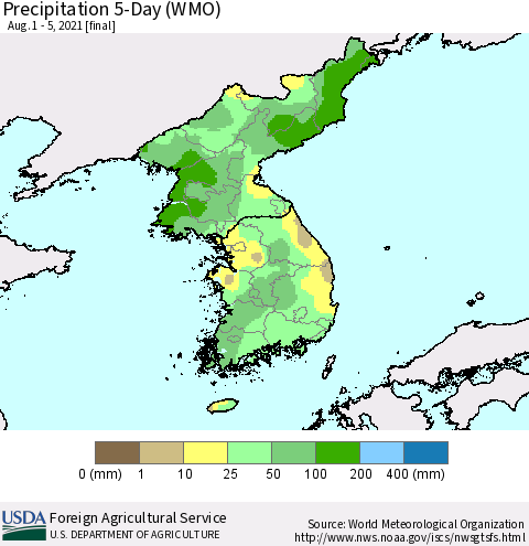 Korea Precipitation 5-Day (WMO) Thematic Map For 8/1/2021 - 8/5/2021