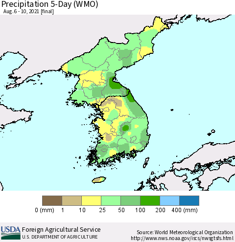 Korea Precipitation 5-Day (WMO) Thematic Map For 8/6/2021 - 8/10/2021
