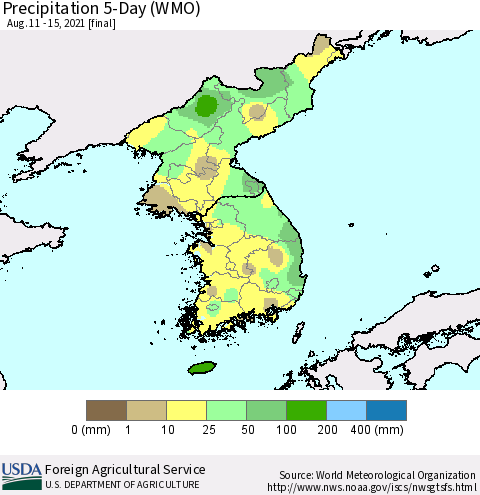 Korea Precipitation 5-Day (WMO) Thematic Map For 8/11/2021 - 8/15/2021