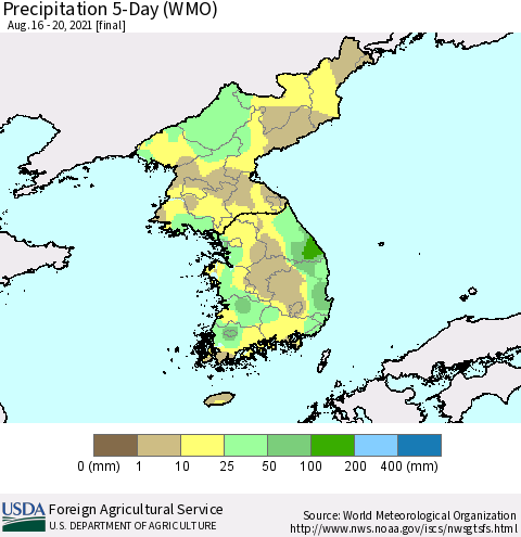 Korea Precipitation 5-Day (WMO) Thematic Map For 8/16/2021 - 8/20/2021