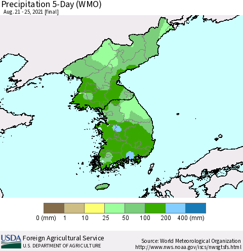 Korea Precipitation 5-Day (WMO) Thematic Map For 8/21/2021 - 8/25/2021