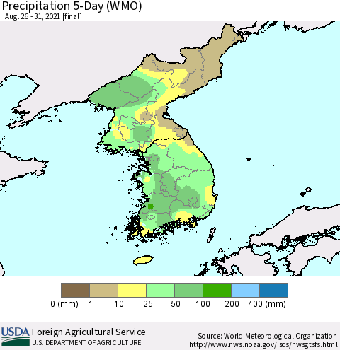 Korea Precipitation 5-Day (WMO) Thematic Map For 8/26/2021 - 8/31/2021