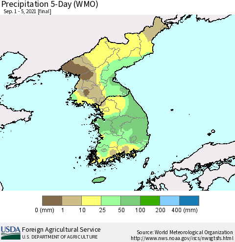Korea Precipitation 5-Day (WMO) Thematic Map For 9/1/2021 - 9/5/2021