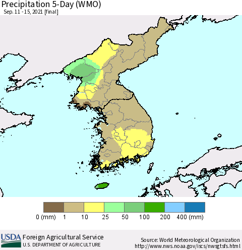 Korea Precipitation 5-Day (WMO) Thematic Map For 9/11/2021 - 9/15/2021