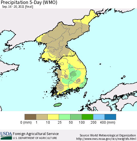 Korea Precipitation 5-Day (WMO) Thematic Map For 9/16/2021 - 9/20/2021