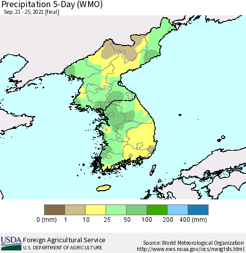 Korea Precipitation 5-Day (WMO) Thematic Map For 9/21/2021 - 9/25/2021