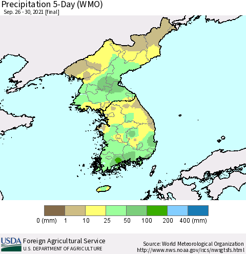 Korea Precipitation 5-Day (WMO) Thematic Map For 9/26/2021 - 9/30/2021