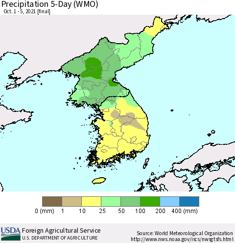 Korea Precipitation 5-Day (WMO) Thematic Map For 10/1/2021 - 10/5/2021
