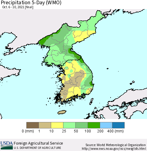 Korea Precipitation 5-Day (WMO) Thematic Map For 10/6/2021 - 10/10/2021