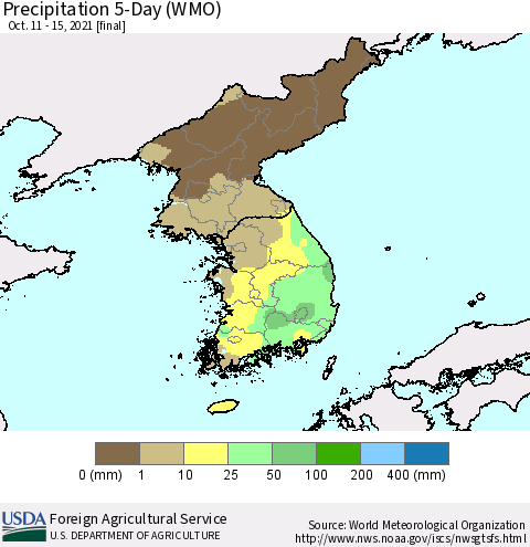 Korea Precipitation 5-Day (WMO) Thematic Map For 10/11/2021 - 10/15/2021