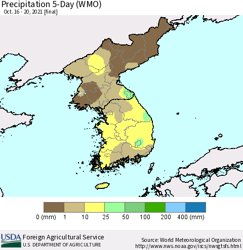 Korea Precipitation 5-Day (WMO) Thematic Map For 10/16/2021 - 10/20/2021