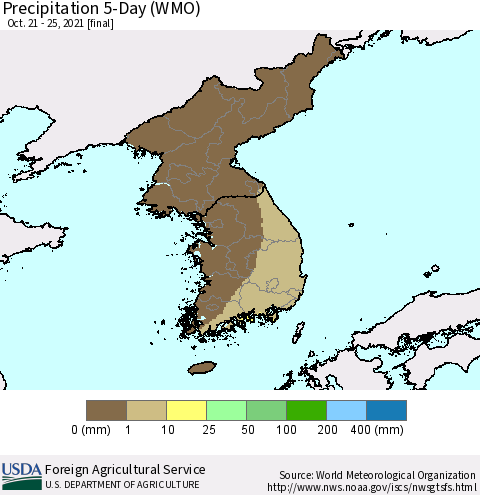 Korea Precipitation 5-Day (WMO) Thematic Map For 10/21/2021 - 10/25/2021