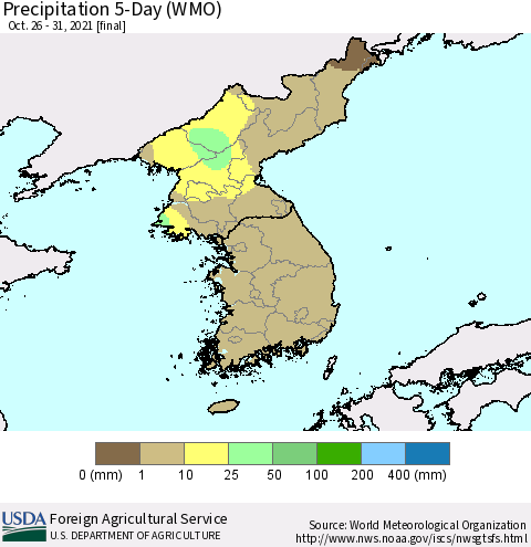 Korea Precipitation 5-Day (WMO) Thematic Map For 10/26/2021 - 10/31/2021
