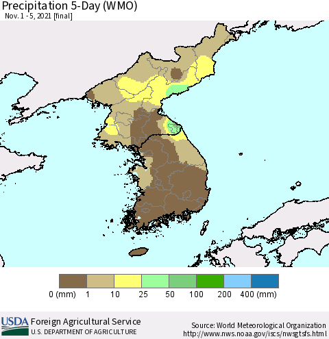 Korea Precipitation 5-Day (WMO) Thematic Map For 11/1/2021 - 11/5/2021