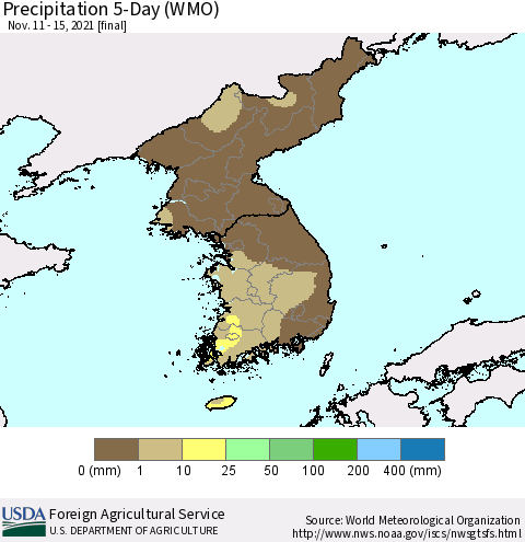 Korea Precipitation 5-Day (WMO) Thematic Map For 11/11/2021 - 11/15/2021