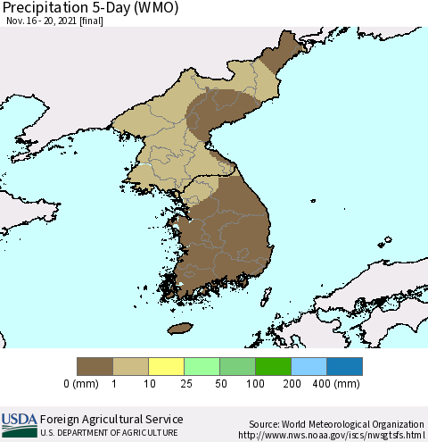 Korea Precipitation 5-Day (WMO) Thematic Map For 11/16/2021 - 11/20/2021