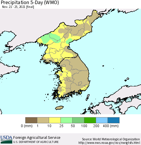 Korea Precipitation 5-Day (WMO) Thematic Map For 11/21/2021 - 11/25/2021