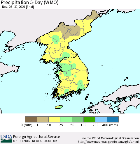 Korea Precipitation 5-Day (WMO) Thematic Map For 11/26/2021 - 11/30/2021