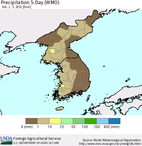 Korea Precipitation 5-Day (WMO) Thematic Map For 12/1/2021 - 12/5/2021