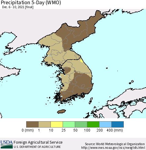 Korea Precipitation 5-Day (WMO) Thematic Map For 12/6/2021 - 12/10/2021