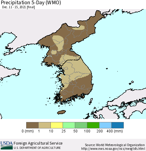 Korea Precipitation 5-Day (WMO) Thematic Map For 12/11/2021 - 12/15/2021