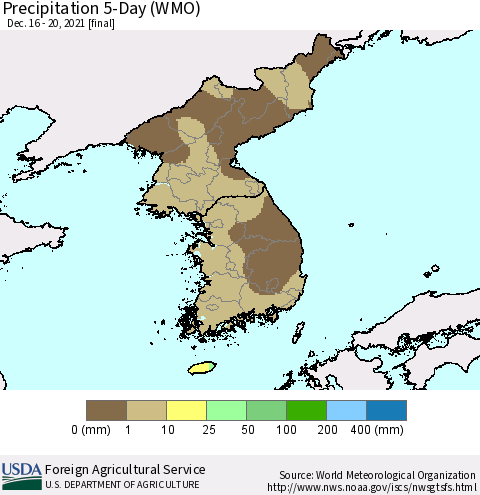 Korea Precipitation 5-Day (WMO) Thematic Map For 12/16/2021 - 12/20/2021