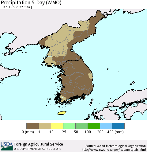 Korea Precipitation 5-Day (WMO) Thematic Map For 1/1/2022 - 1/5/2022