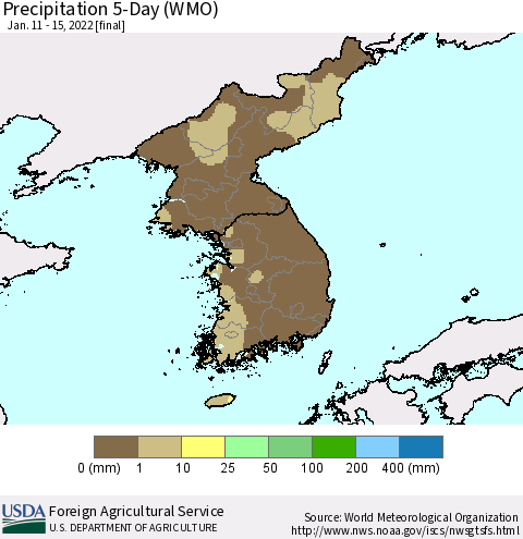 Korea Precipitation 5-Day (WMO) Thematic Map For 1/11/2022 - 1/15/2022